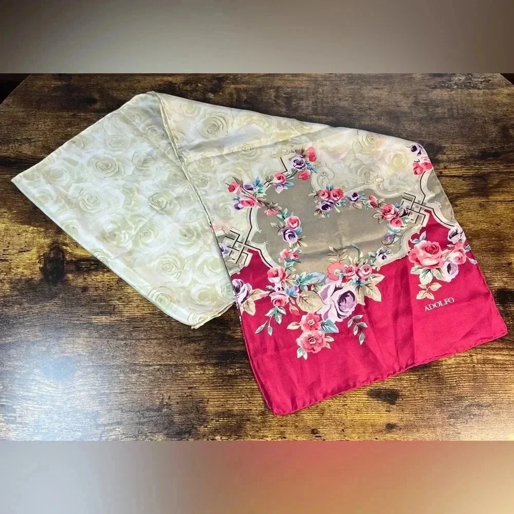 VINTAGE: Adolfo | ladies floral print silk scarf.